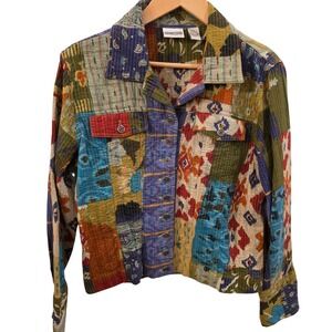 CHICO'S Sz 1/M Patchwork Ikat Jacket‎ Boho Art to Wear Quilted Hippie Festival